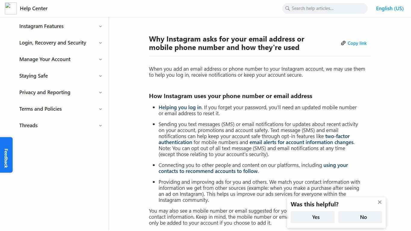 ​​Why Instagram asks for your email address or mobile phone number and how they're used Instagram Help Center