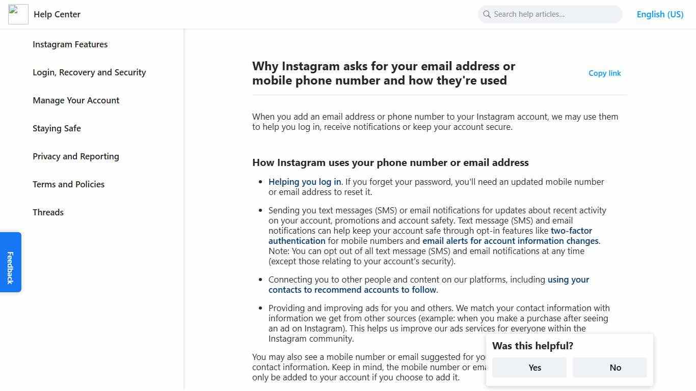 ​​Why Instagram asks for your email address or mobile phone number and how they're used Instagram Help Center